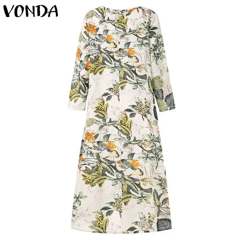 VONDA, модное Платье макси с цветочным принтом, женское платье с v-образным вырезом и длинным рукавом, богемное длинное платье размера плюс, женское платье, Vestidos 5XL