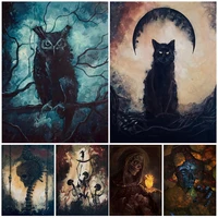 blue skull horror pagan painting wall art decorative poster and prints black cats and owls canvas painting for living room decor