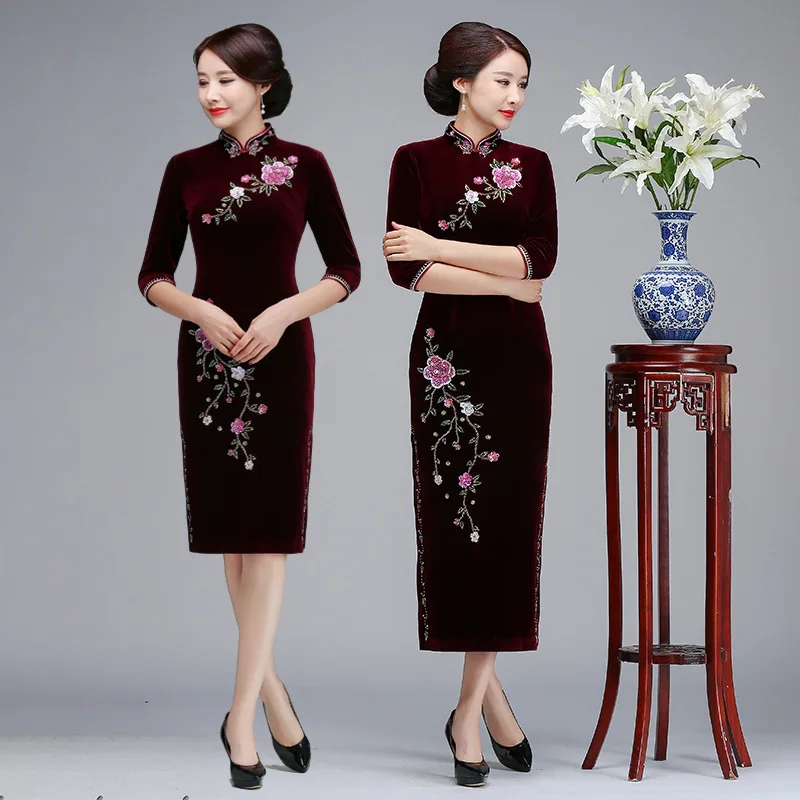 Женское вельветовое платье cheongsam золотистое длинное Чонсам с отделкой бисером и
