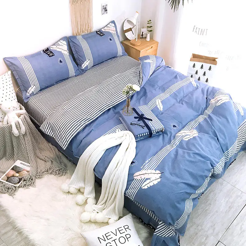 Sanding Bedding Set White stripes Bed blue Duvet Cover Skirt lace Sheet Pillowcases Queen size bed | Дом и сад