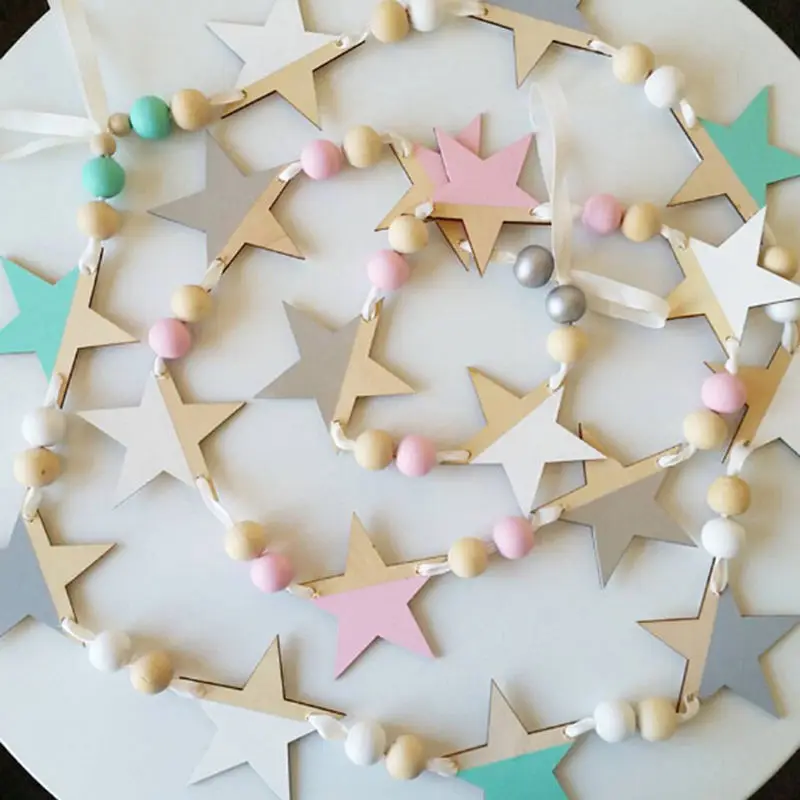 Скандинавская деревянная гирлянда со звездами и бусинами в скандинавском стиле