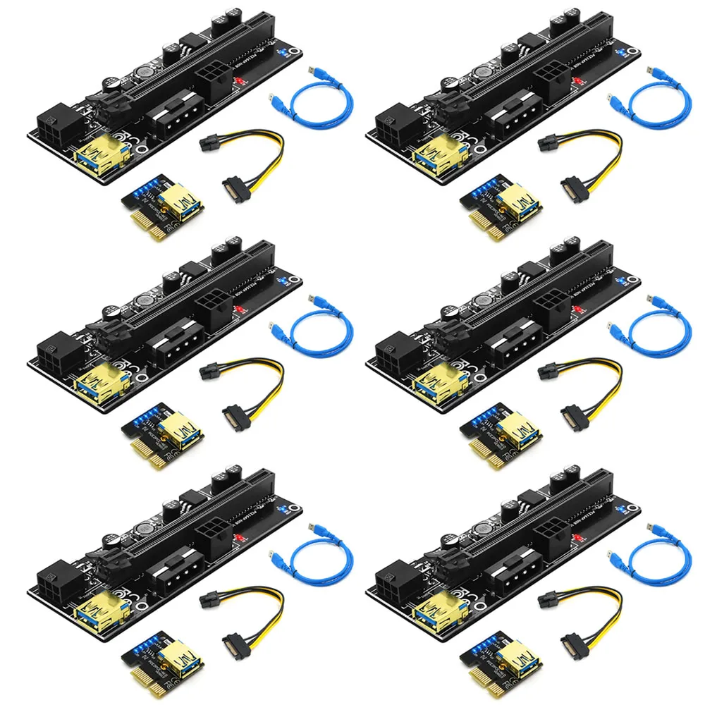 

6PCS PCIE Riser 009S VER009S Riser PCI Express 16X Adapter LED 1X Riser Card USB3.0 Cable SATA to 6P Power for Video Card Mining