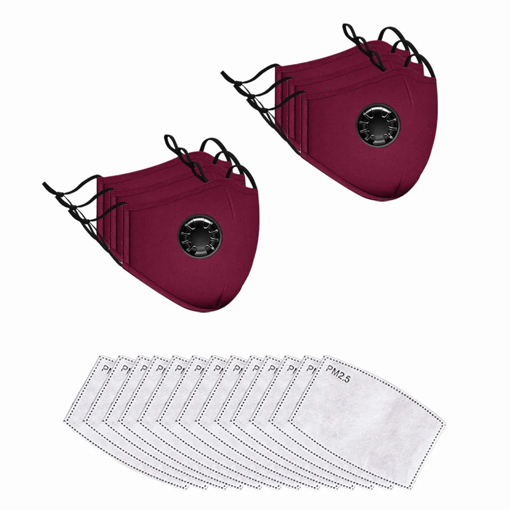 

Adult Mouth Masks Unisex Cotton Face Mask Cycling Pure Color Breathing Valve Washable Reusable Outdoor 6 PCs + 13 Filters masque