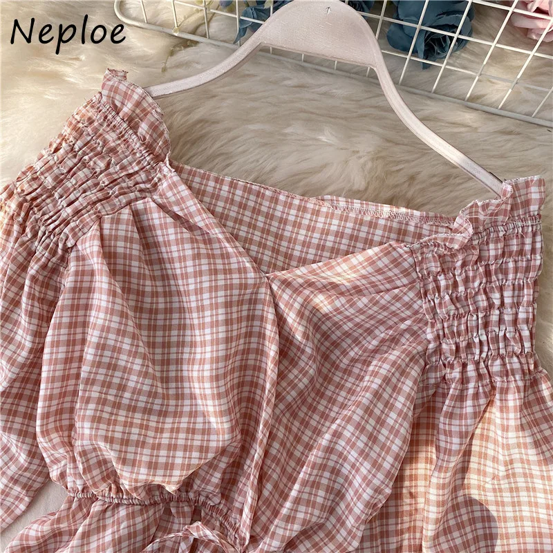 Женская блузка в клетку Neploe шикарная Корейская рубашка с V-образным вырезом
