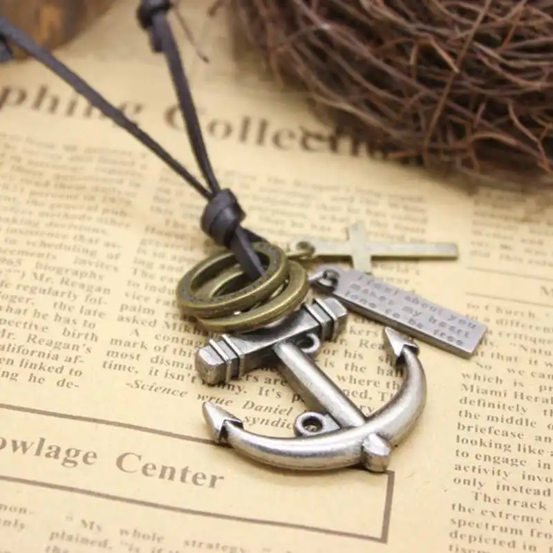 Модное винтажное ожерелье для мужчин и женщин с подвеской крест якорь кожаный