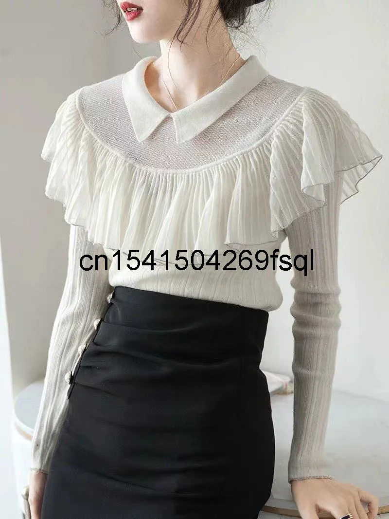 

Fashion women Sweaters 2021 Runway Luxury Brand European Ruffles Design party style women Wool Pullover White / Black Clothing