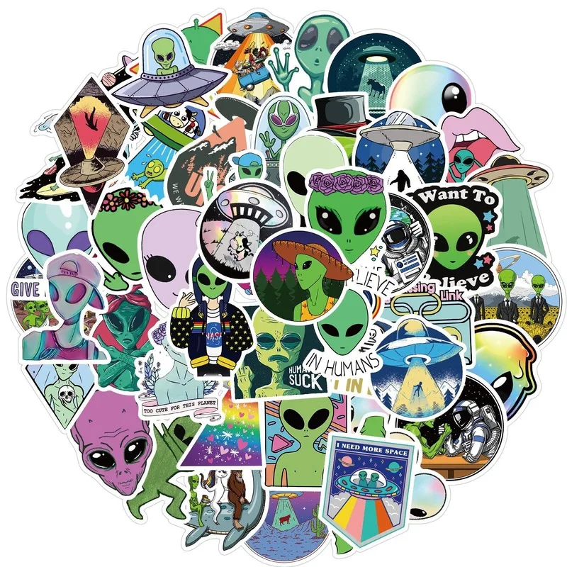 

10/50pcs New Alien Sticker UFO Outer Space Astronaut Rocket Cartoon Stickers Gifts Toys for Children DIY Skateboard Laptop Decal