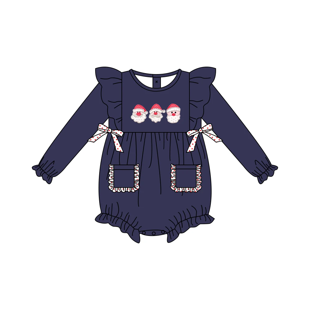 Ropa de oto&ntilde;o para ni&ntilde;as, falda de manga larga azul marino y pantalones rojos, Navidad, patrones bordados con tres cabezas de ancianos, trajes para ni&ntilde;as-2