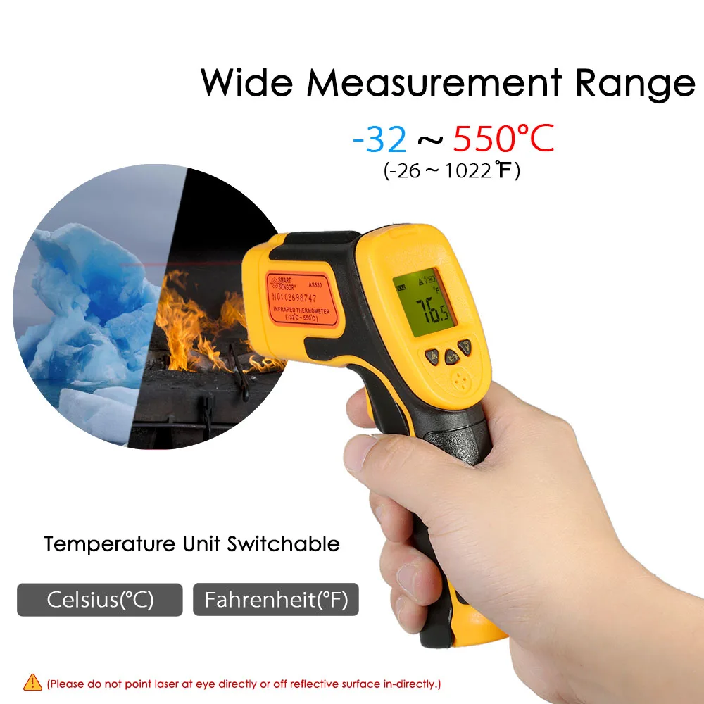 

SMART SENSOR LCD Industrial Infrared Thermometer Mini Handheld Non-contact -32~550C/-26~1022F Industrial Temperature Meter