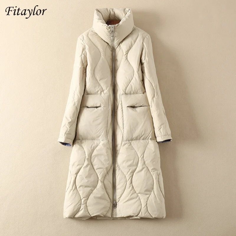 

Fitaylor Winter White Duck Down Long Jacket Women Light Stand Collar Coat New Female Thickening Loose Parkas Snow Warm Outerwear
