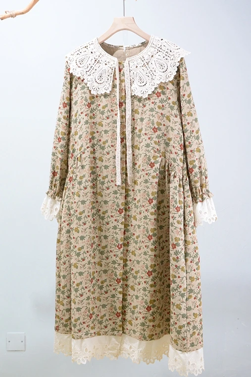

Autumn winter cotton linen dress Mori floral large collar single breasted long sleeve loose dress