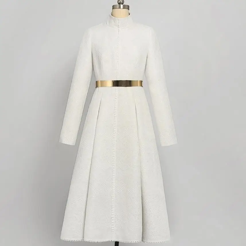 

Autumn and Winter OL White woolen dress a-line Women stand collar Elegant Temperament high waist dress