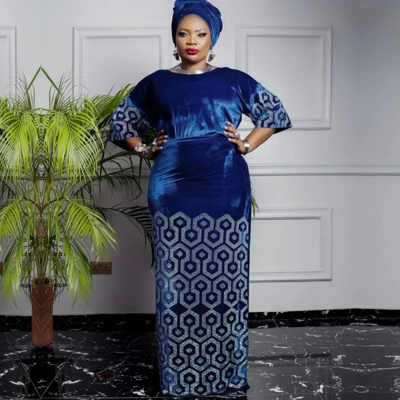 

African Velvet Clothes 3 Piece Women's Sets Tops With Turbans And Lace Up Long Skirt Set 2021 New Stick Diamond Africa Clothing
