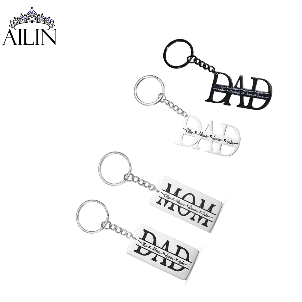 

AILIN Wholesale Papa Keychain Names Engraving Black Platinum Stainless Steel Family Father's Day Gift For MOM DAD