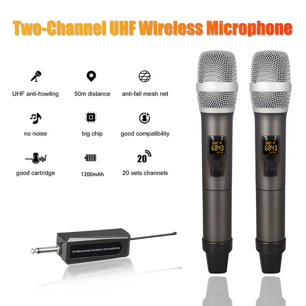 

Wireless Microphone Dual Channels UHF Anti-Howling Handheld Professional Chargeable Receiver Dynamic Mic for Karaoke
