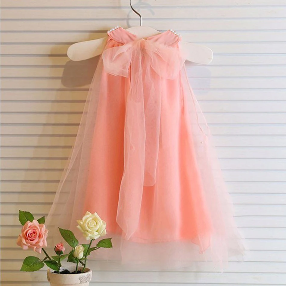 2-6T Baby Girl Sleeveless Pearl Dress Tulle Bow Costumes Summer Toddler Birthday Party Outfits Kids Stage Performance Clothes | Детская