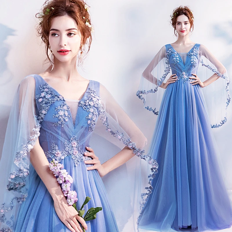 

Blue Mesh Embroidery Flowers Long-sleeved Bridesmaid Wedding Dress Party Evening Birthday Dress for Women