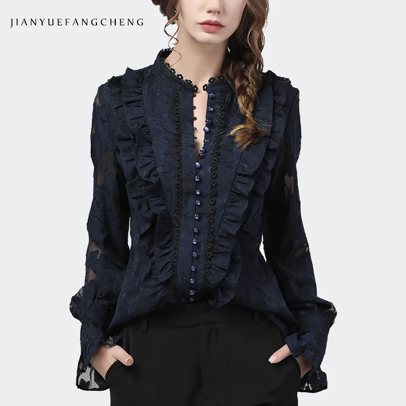 Flared Sleeve Lace Tops Women Autumn New Fashion Long Sleeved Ruffles Mesh Shirts Loose Plus Size Female Causal Office Blouses