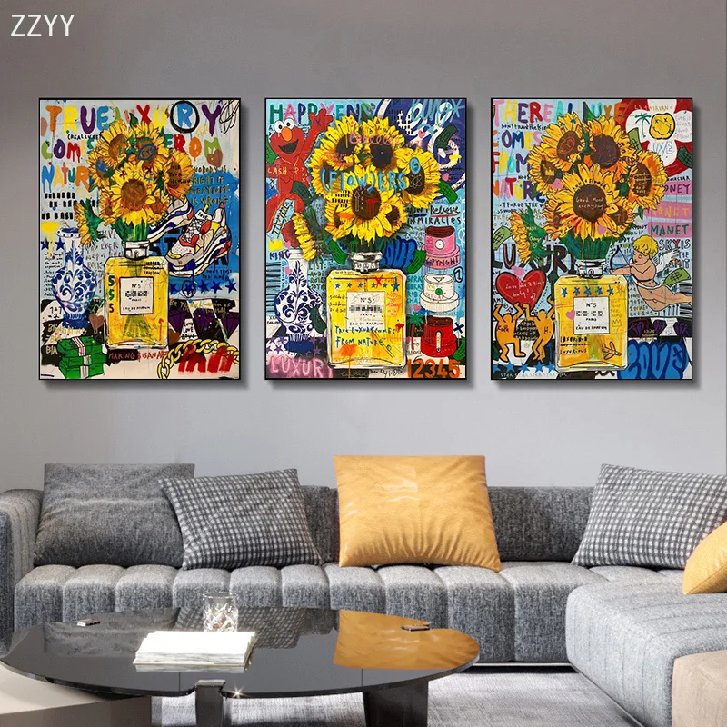 

Modern Nordic Yellow Sunflowers Perfume Bottle Art Canvas print Poster Graffiti Pop Art Pictrue Living Room Home Decor Painting