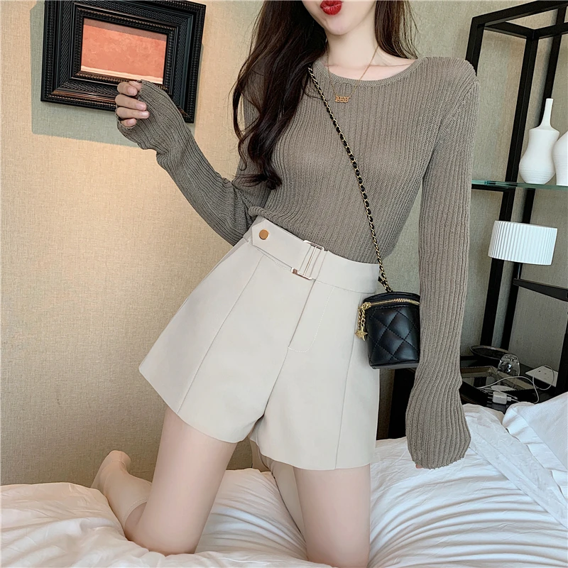 

New Office Shorts Women Mini High High Waist with Belt Wide Leg Summer Feminino Bottom