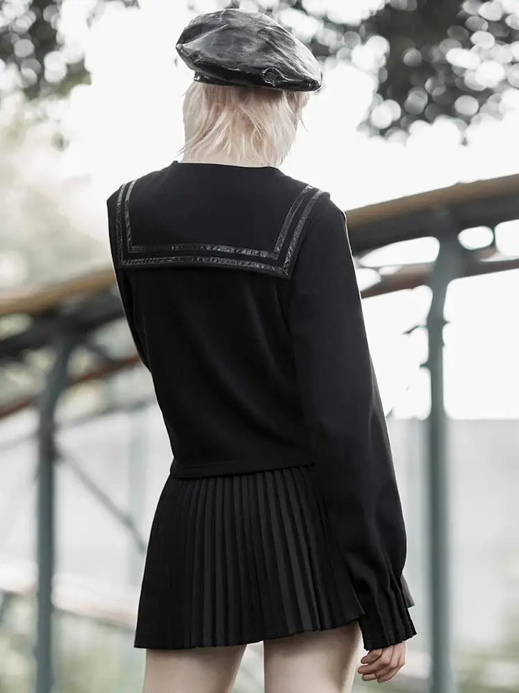 Панк рейв женская с длинными рукавами матросский воротник PU бантом Толстовка PT