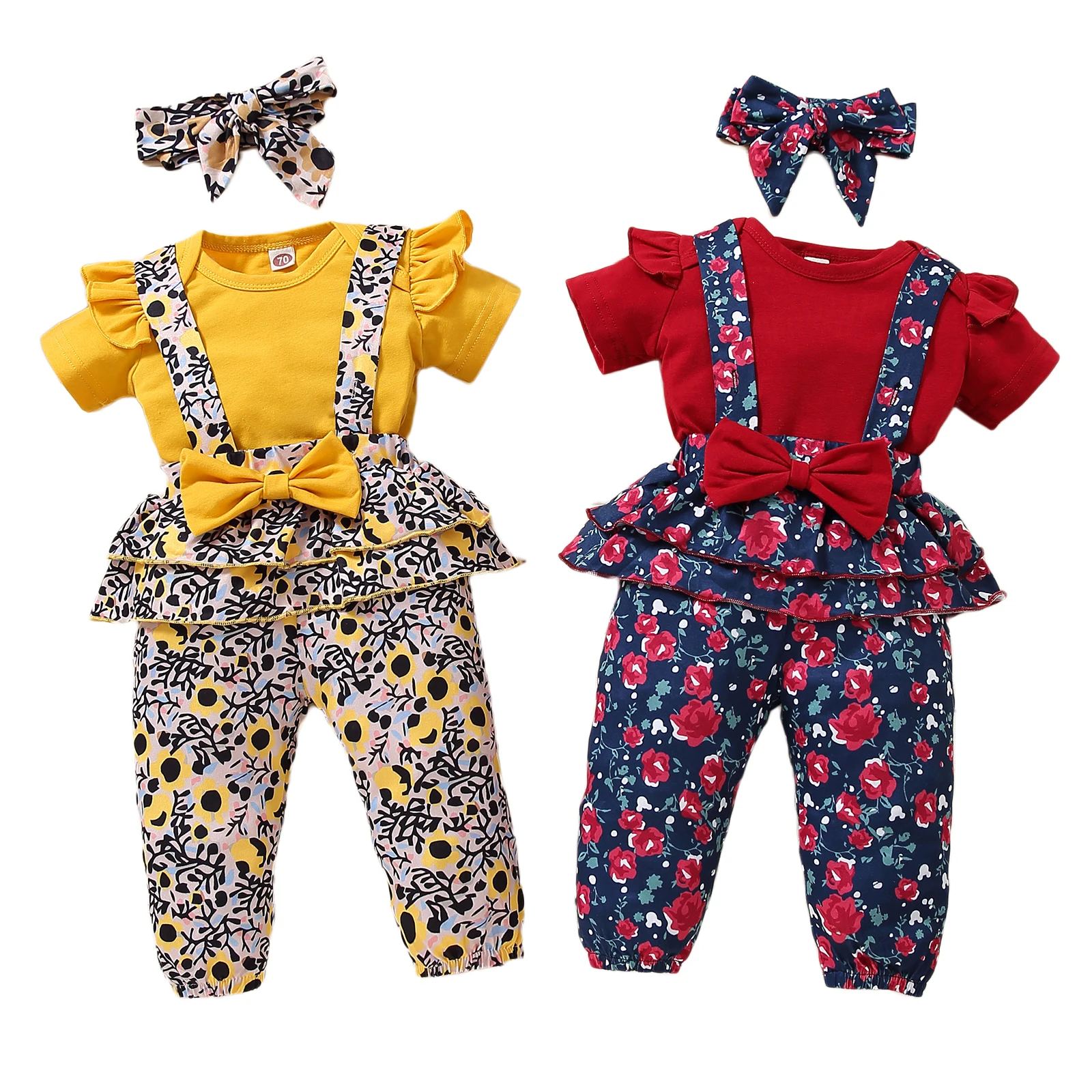 

0-18M 3Pcs Fashion Baby Girls Outfit, Solid Color Round Collar Short Sleeve Romper + Printing Suspender Trouser + Bow Headwear