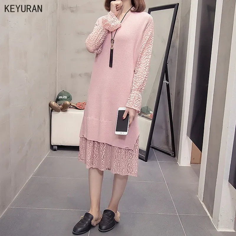 Женское кружевное лоскутное трикотажное платье-свитер для детей 2021 Новинка на