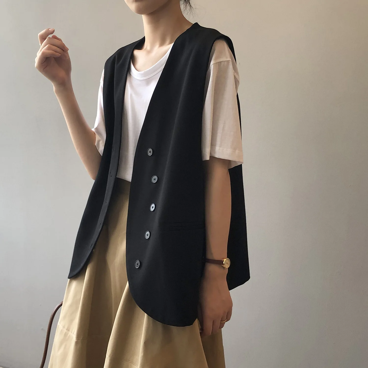 

Осенняя Женская безрукавка в стиле Харадзюку, элегантная Корейская повседневная одежда без рукавов, Женская куртка, жилет, кардиган, женска...