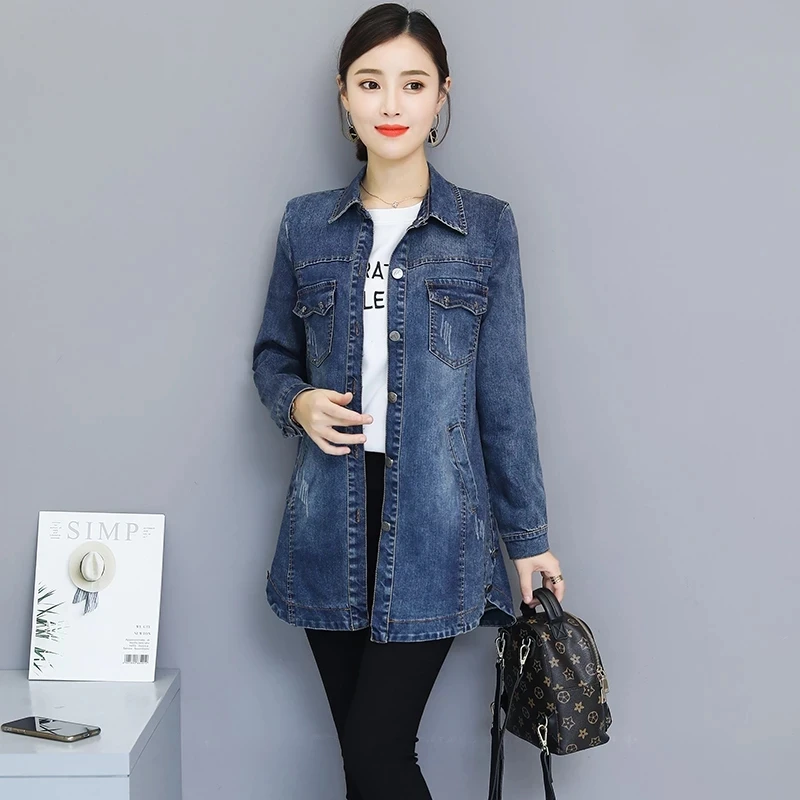 Повседневная Женская длинная джинсовая куртка новая модель весна-осень размеры