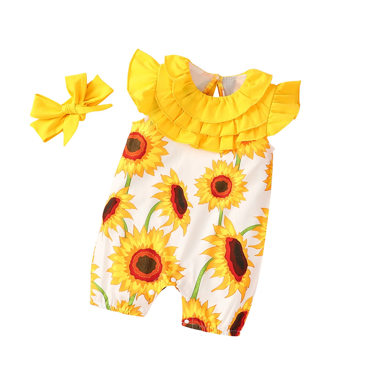 

Baby Girls Clothes Set, Floral Print Sleeveless O-neck Jumpsuit with Ruffles+Solid Color Bow-knot Headband