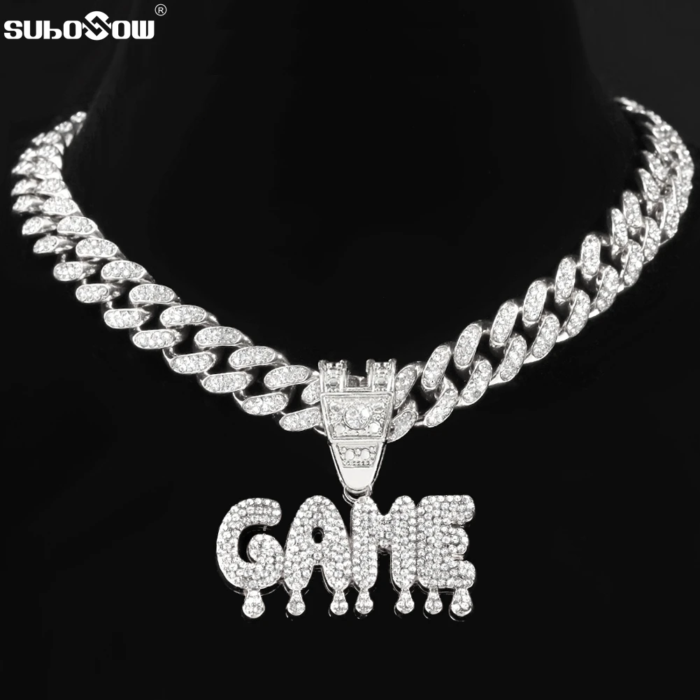 

Bling Rhinestone GAME Letter Pendant Necklace For Men Women Shine Crystal Miami Cuban Chain Choker Necklaces Hip Hop Jewelry