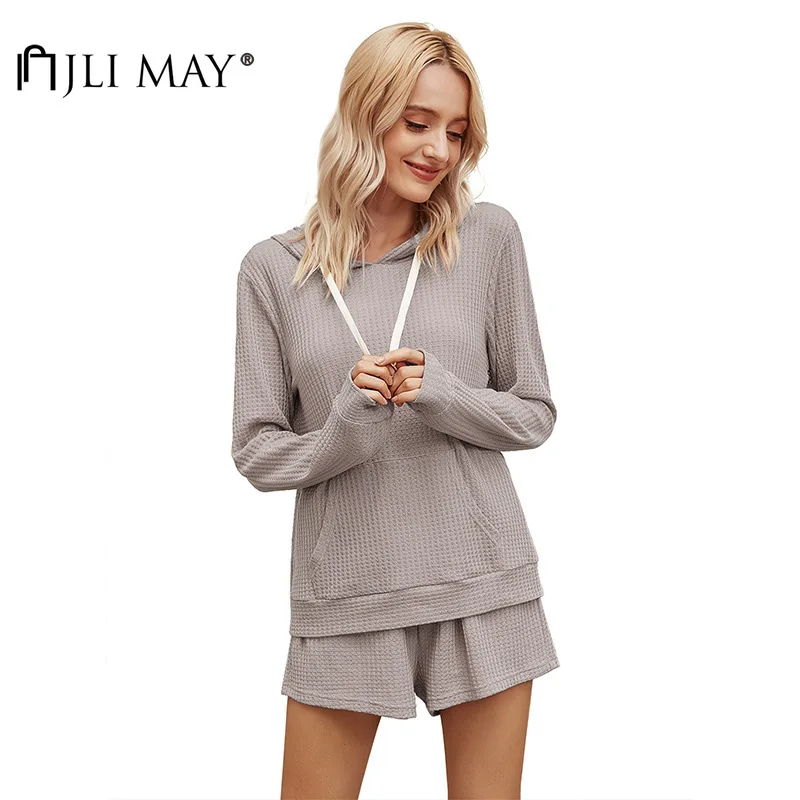 

JLI MAY Women's Set Solid Hooded Pullover Long Sleeve Patchwork Pockets Top and Elastic Waist Shorts Casual Two Piece Sets