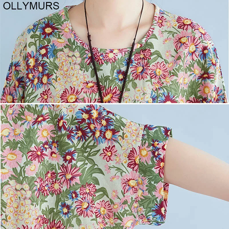 2019 Summer Fashion Loose Dress 4XL 5XL 6XL 7XL Plus Size Cotton Linen Women Art Printed Short Sleeve Floral Maxi | Женская одежда
