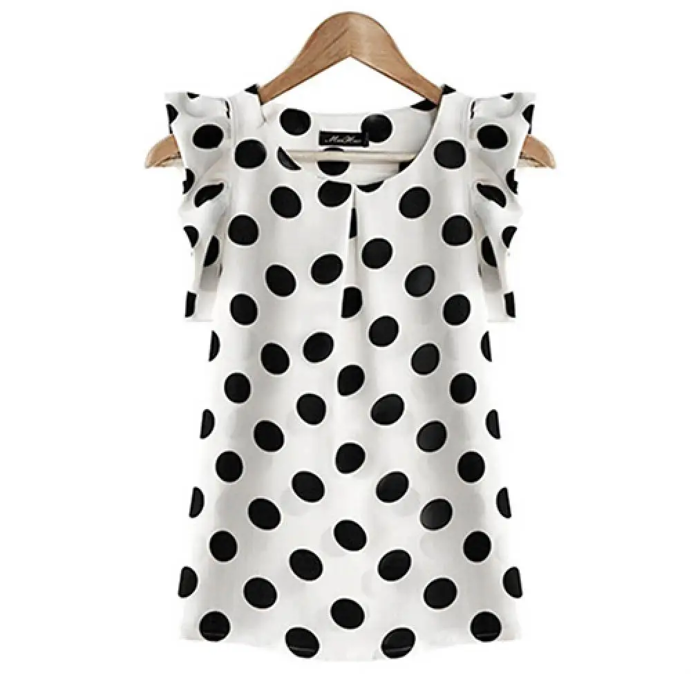 

50% Hot Sale Women Summer Casual Polka Dot Round Neck Short Sleeve Shirt Top Chiffon Blouse Women Clothing