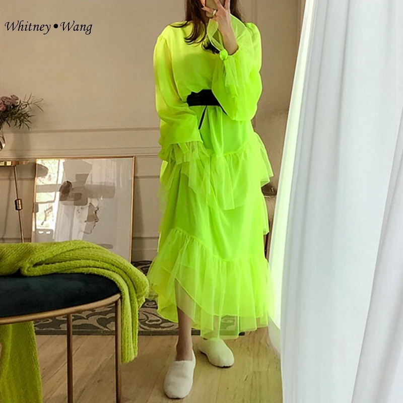 WHITNEY WANG 2019 осеннее модное уличное корейское стильное шифоновое платье с оборками