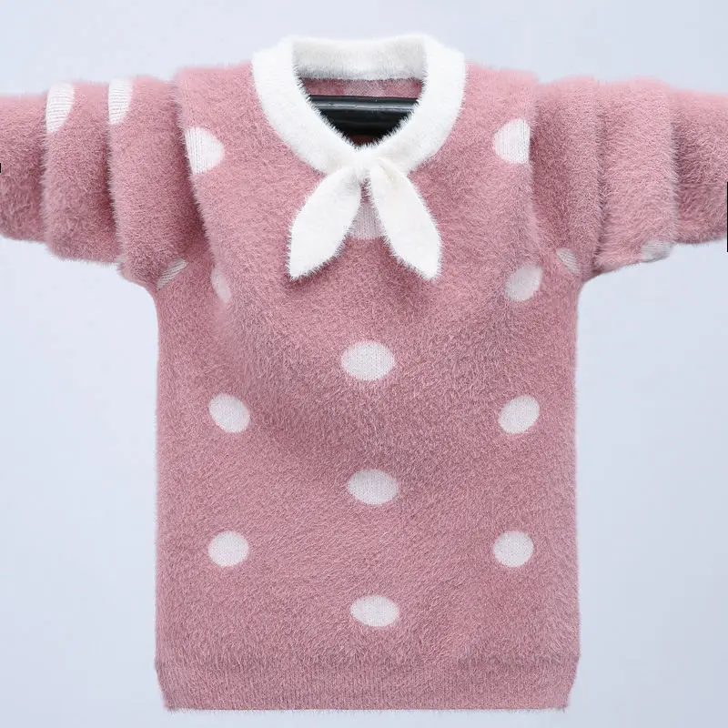 

Новинка Осень-зима 2021, одежда для девочек из меха норки, детский пуловер, вязаный свитер, детская одежда, вязаный свитер в горошек для девоче...