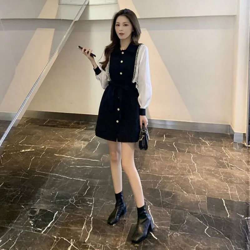 

Dresses Women Loose Mini Patchwork New Autumn Elegant Abdomen Stylish Temperament Feminino Vestidos Leisure Streetwear Ulzzang