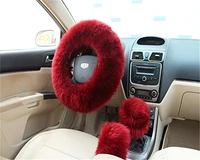 3 pcs set red wine color fur wool furry fluffy thick car steering wheel cover winter