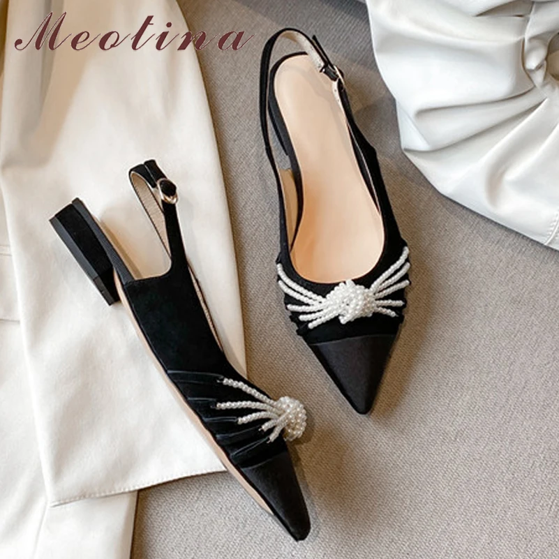 

Meotina Natural Genuine Leather Flats Shoes Women Slingbacks Shoes Pointed Toe String Bead Shoes Buckle Flat Footwear Spring