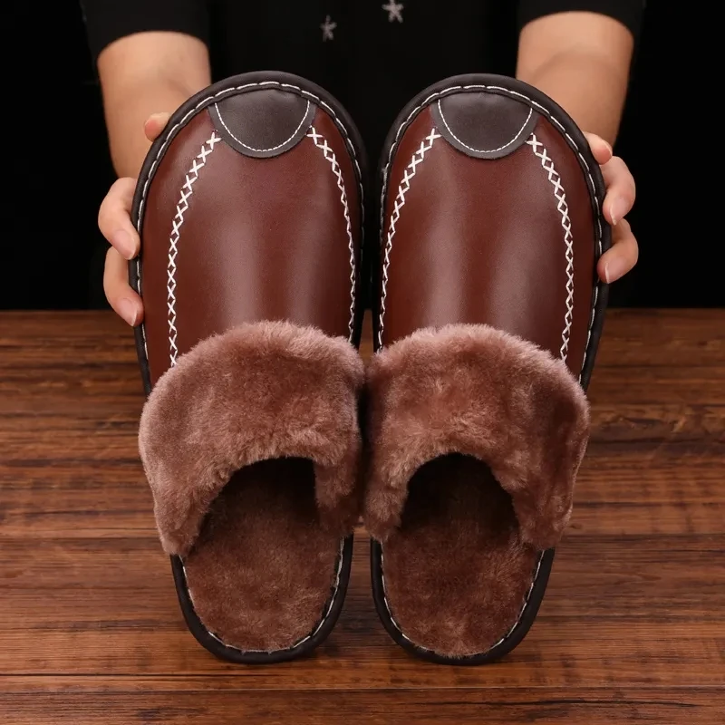 

Men Slippers Black New Winter PU Leather Slippers Warm Indoor Slipper Waterproof Home House Shoes Women Warm Leather Slippers