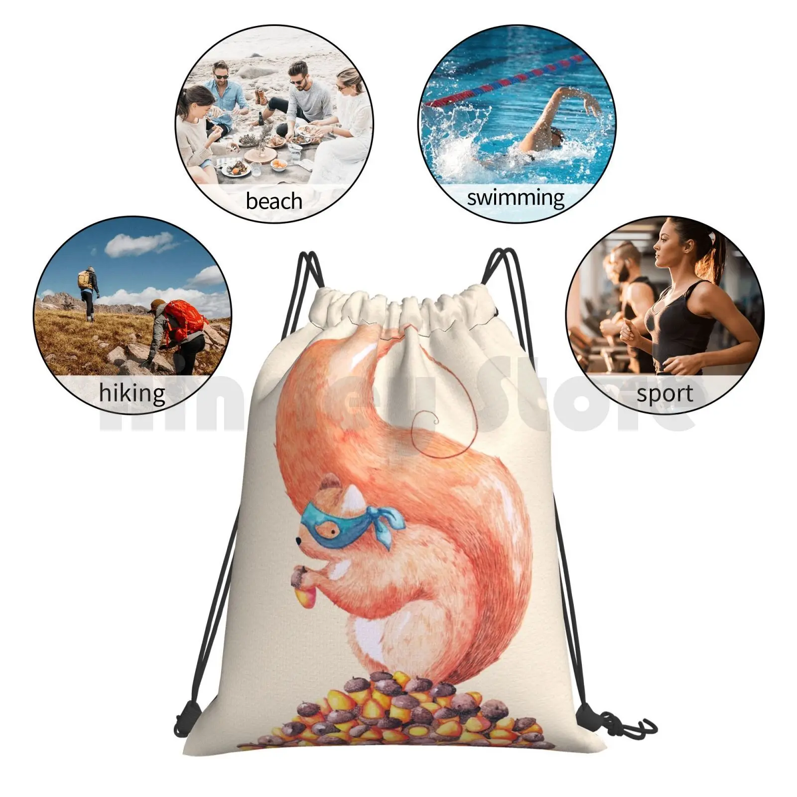 

The Bandit Squirrel Backpack Drawstring Bag Riding Climbing Gym Bag Watercolor Surrealism Cute Comic Squirrel Superhero