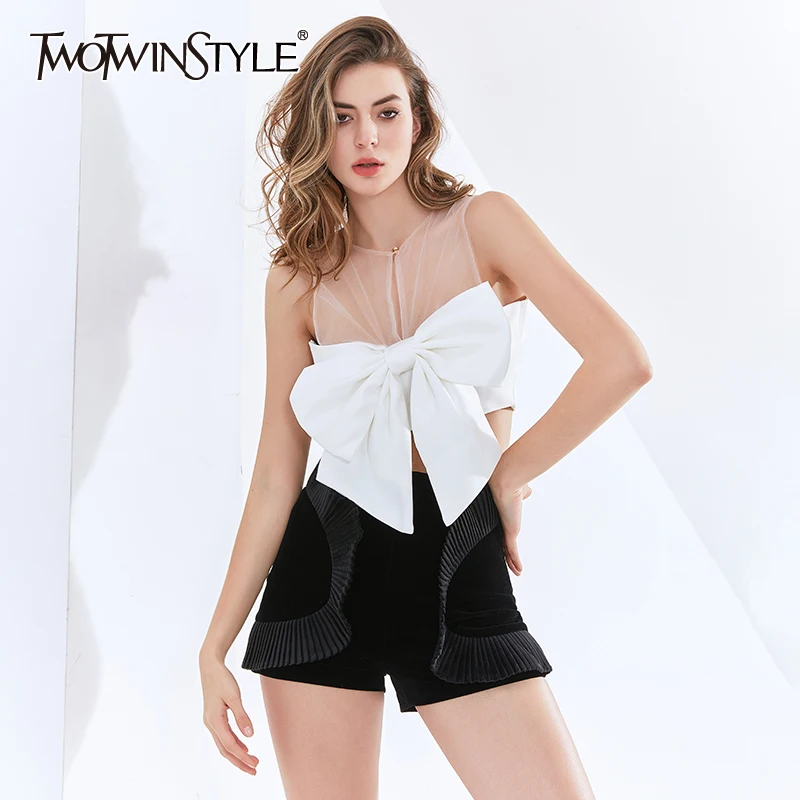

TWOTWINSTYLE Sexy Short Shirts For Women O Neck Sleeveless Patchwork Bowknot Designer Short Blouses Female 2020 Summer Clothing