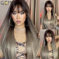 gemma long straight synthetic wigs ombre brown gray wig with bangs for women cosplay lolita daily party heat resistant fiber