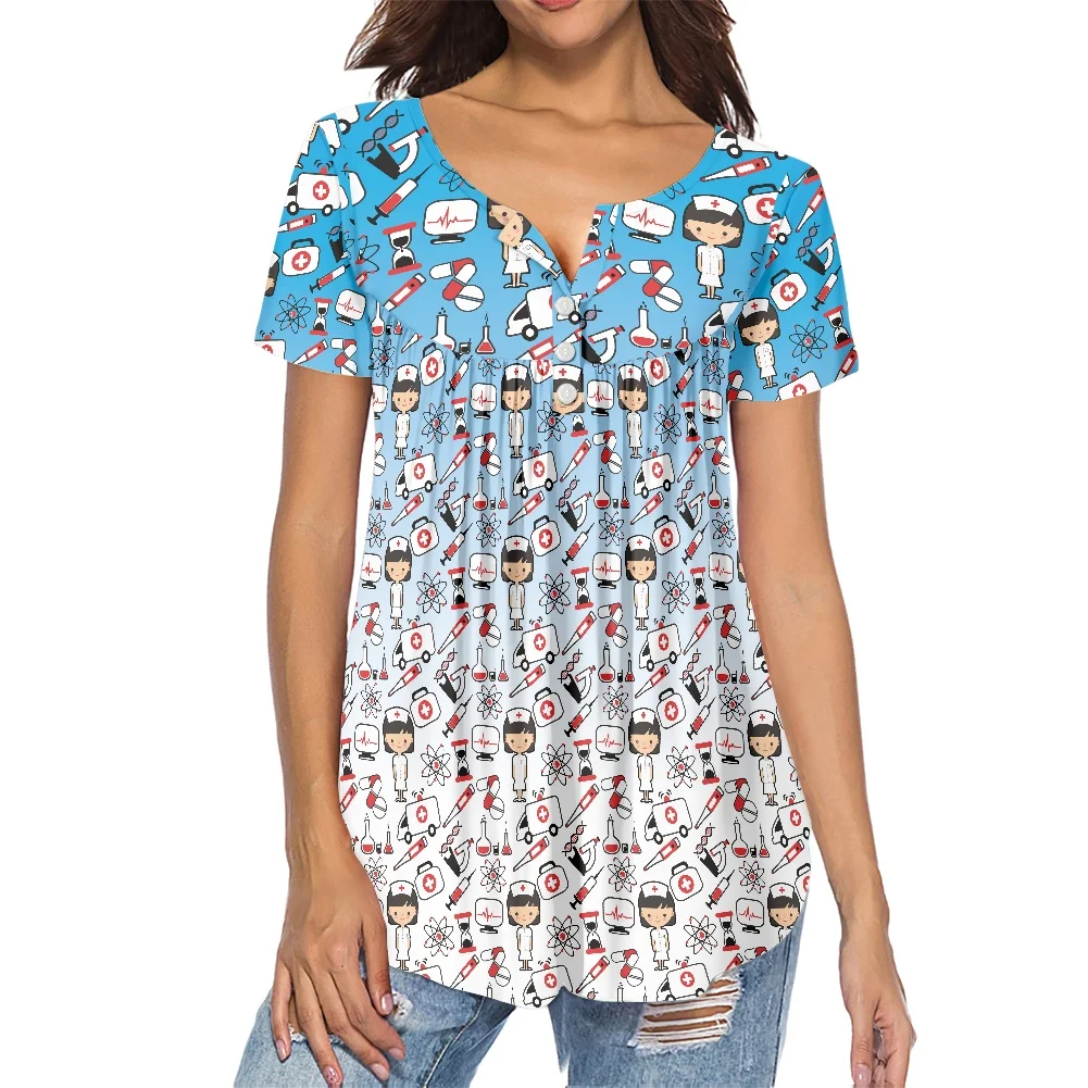 

Женский топ с коротким рукавом и V-образным вырезом, свободная плиссированная футболка с рисунком медсестры, для песчаного пляжа