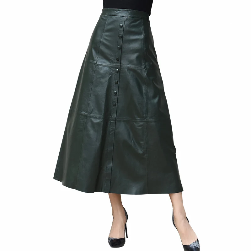 

2020 High Quality Genuine Leather Woman Long Skirts Fashion Single Breasted Lady A Line Skirts Elegant Slim Party Leather Skirt