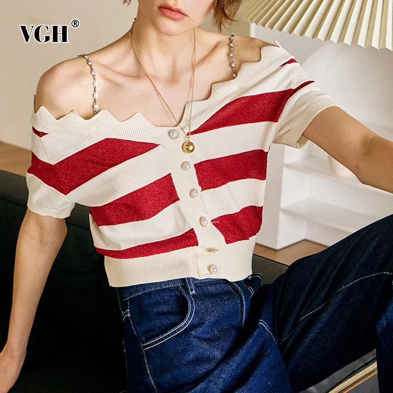 

VGH Colorblock Casual Striped T Shirt For Female V Neck Short Sleeve Cold Shoulder Fashion Korean T Shirts Women's 2021 Clothing