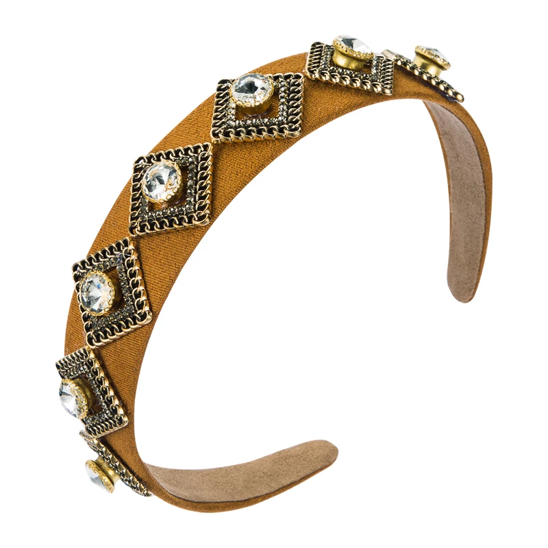 

King Shiny Vintage Baroque Flash Crystal Headband for Woman Vintage Square Alloy Solid Color Velvet Hairband Girl Hair Accessory
