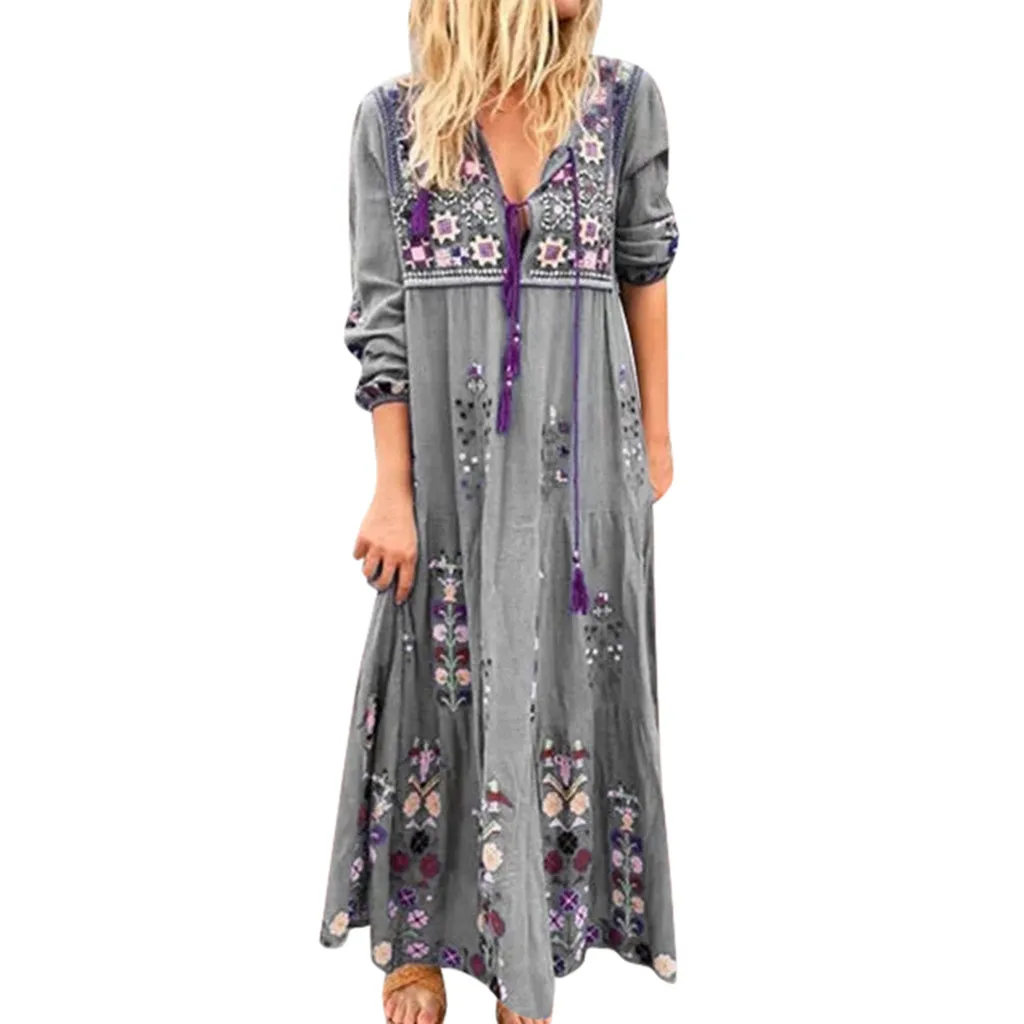 Женское Цветочное платье макси винтажное с длинным рукавом и v образным вырезом