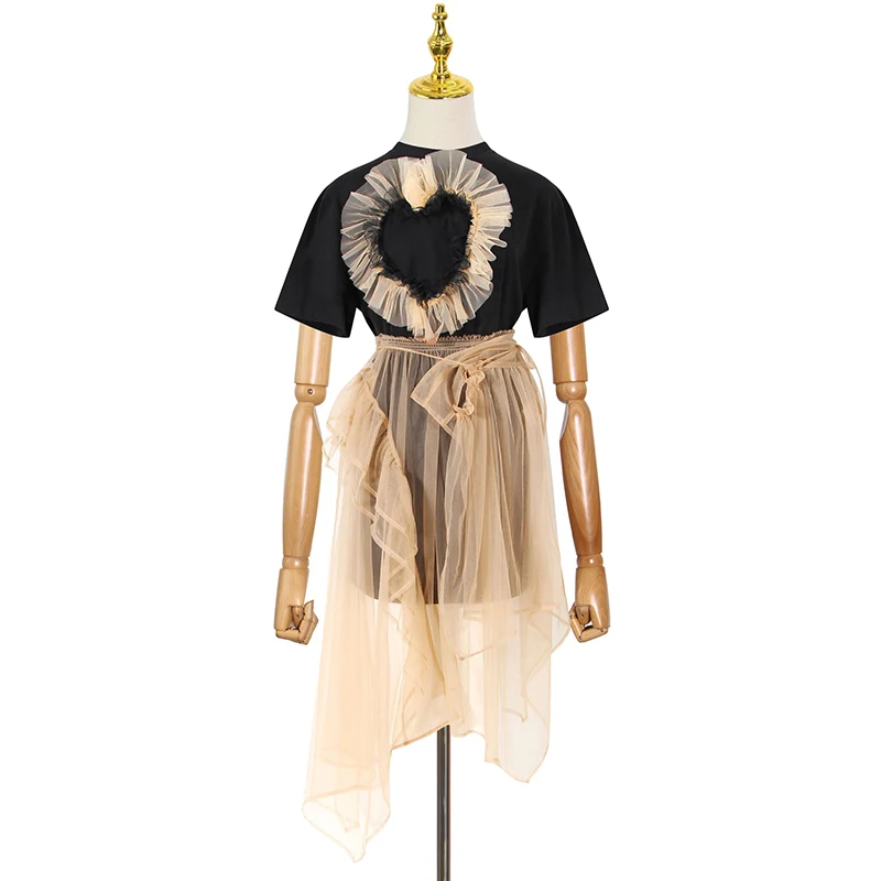 

CHICEVER Mesh Patchwork Skirt Suit For Women Round Collar Short Sleeve T Shirt High Waist See Through Skirt Female Sets Fashion