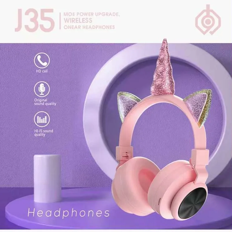 

Wireless unicorn headset J35 cute cat ear headphones Bluetooth earphones laser CD pattern children's gift